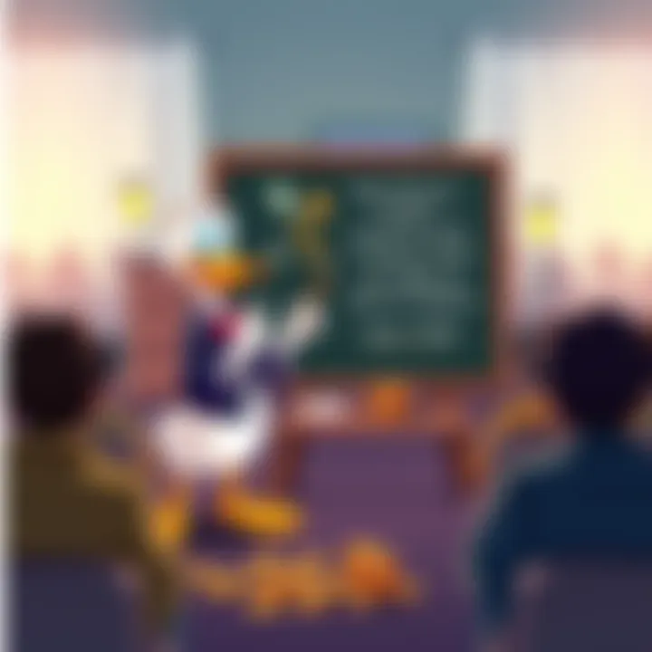 A cartoon duck stands by a chalkboard explaining finance concepts to an audience, symbolizing the need for money to circulate freely, with coins around it.