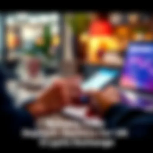 A person using a smartphone to deposit cash into a crypto exchange app while sitting at a desk with bank notes and a laptop.