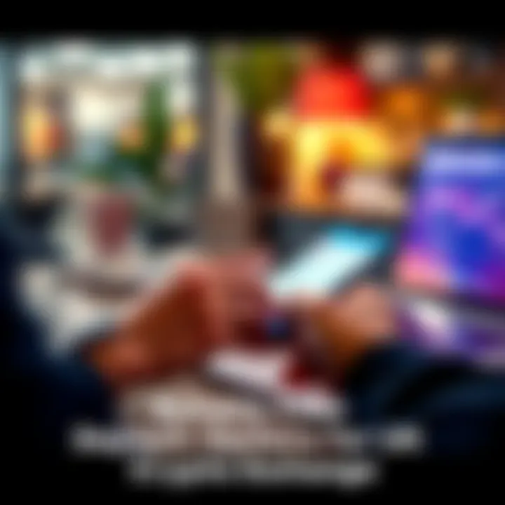 A person using a smartphone to deposit cash into a crypto exchange app while sitting at a desk with bank notes and a laptop.