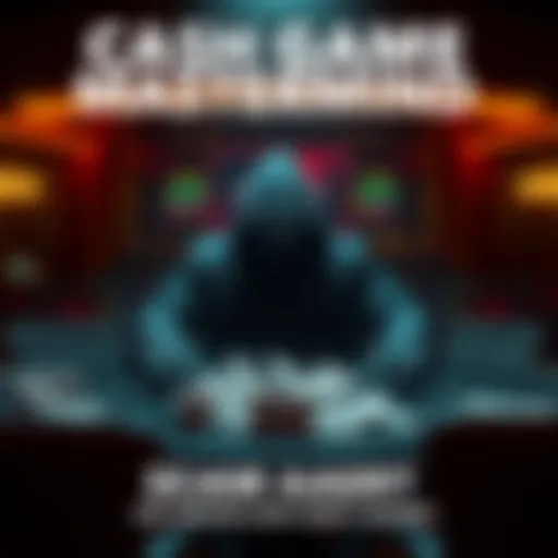A shadowy figure sitting at a poker table surrounded by cash and cards, symbolizing the mastermind behind cash game scams.