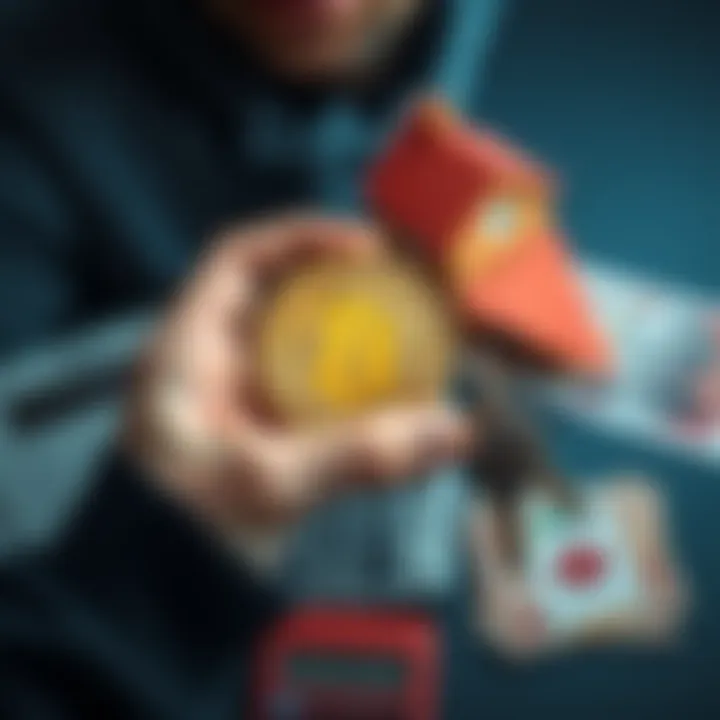 A person holding Bitcoin and a house key, with a calculator and Canadian currency in the background