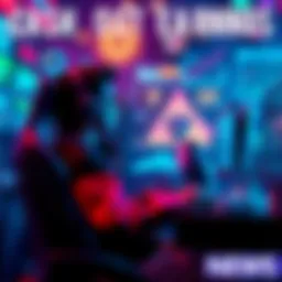 A player sits at a computer, contemplating cashing out their gaming earnings, surrounded by vibrant graphics and game elements.