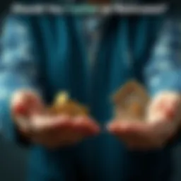 A person weighing coins in one hand and a house icon in the other, representing the choice between cashing out earnings or investing in property.