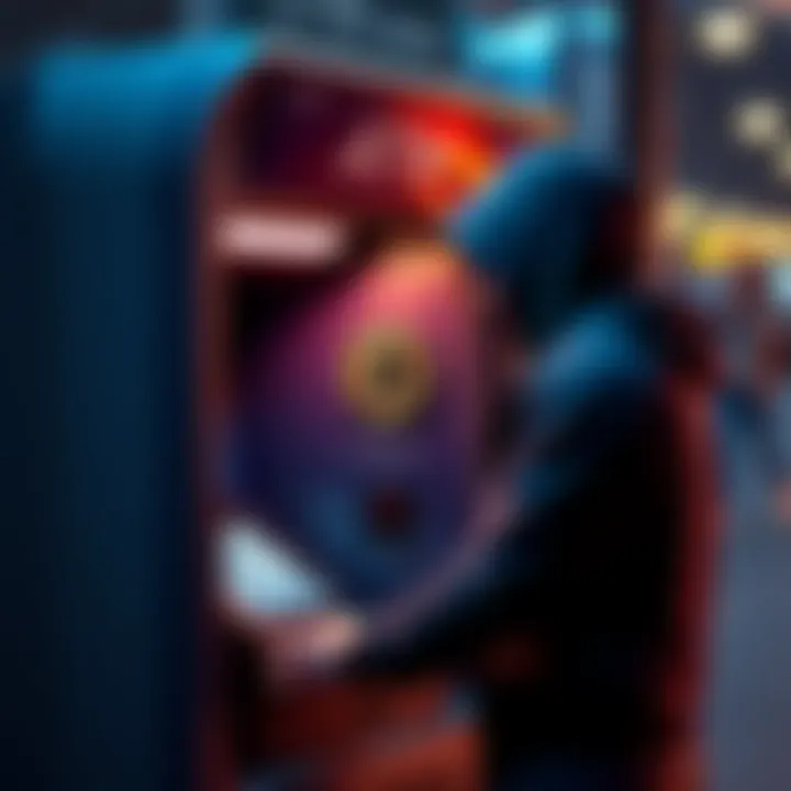 A person using a Bitcoin ATM to convert cash into Bitcoin for their digital wallet, with a focus on anonymity.