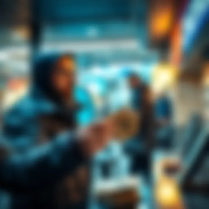 Cash to Crypto Conversion in London A person exchanging cash for BTC and USDT at a currency exchange in London.