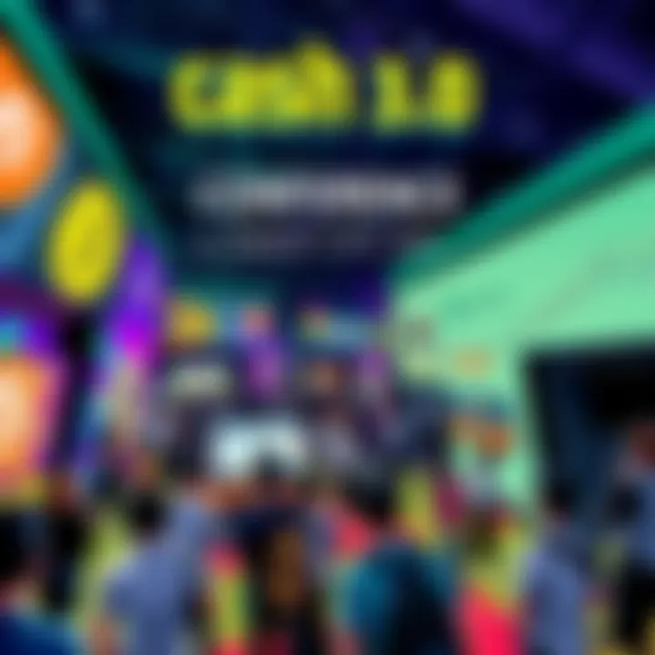 A vibrant scene of people attending the Cash 3.0 Conference with presentations and booths showcasing Bitcoin Cash technology.