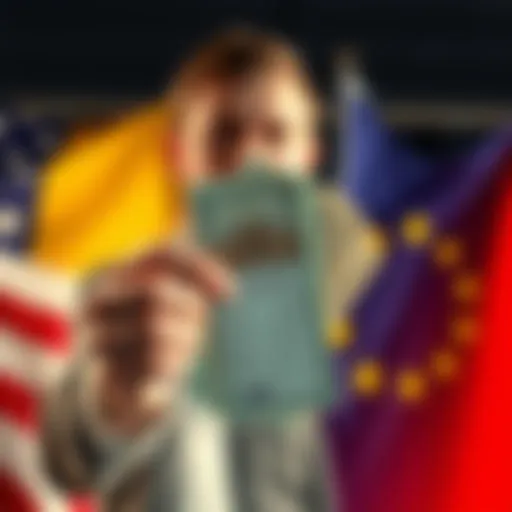 A person holding cash with a signup form and flags of the USA and Europe in the background.