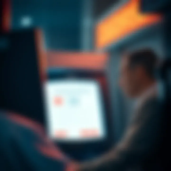 A user facing issues at a cash deposit machine, looking frustrated as the screen shows no barcode option after following instructions.