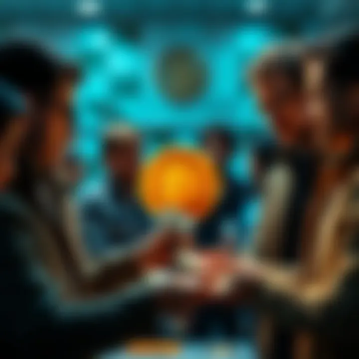 A group of people engaging in a cash transaction for Bitcoin, showing money being handed over and a Bitcoin symbol in the background.