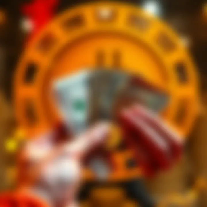 A person holding cash and gold coins with a Bitcoin logo in the background, symbolizing private transactions in the Kanto region.