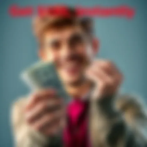 An adult holding cash with a happy expression, representing easy money for US residents over 27.