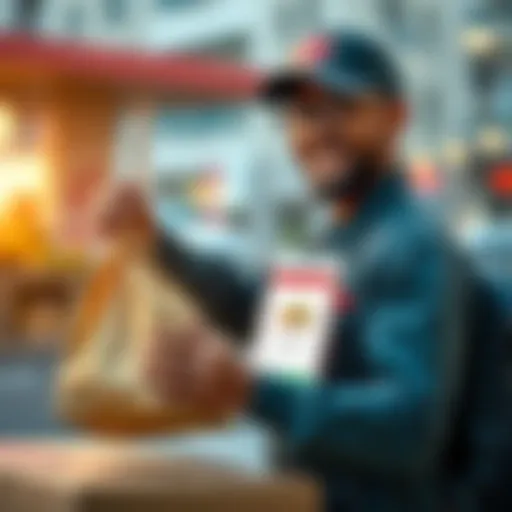 A delivery driver holding a food bag with a payment app on their phone, illustrating cash order payment methods, with a focus on upfront payments and deductions