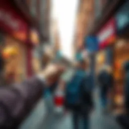 A person handing cash to another person in a busy Birmingham street, with shops in the background