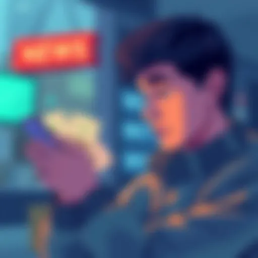 A person looking at their phone, contemplating cash withdrawal options with dollar bills in hand.