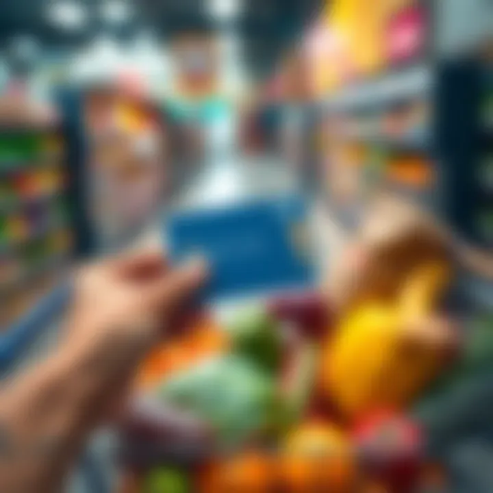 A person holding a BitMart Card next to a grocery cart filled with fresh produce and groceries