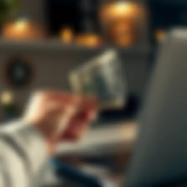 A person holding a paper wallet while using a laptop to transfer Bitcoin to a bank account