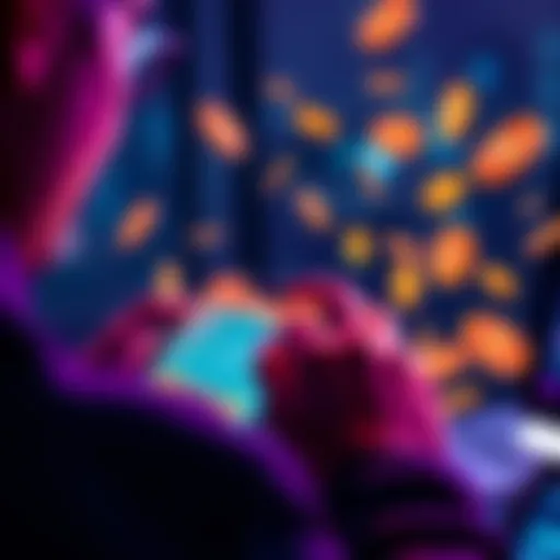A person checking their earnings on a mobile app with cash symbols around them