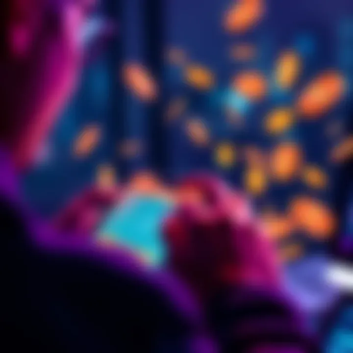 A person checking their earnings on a mobile app with cash symbols around them
