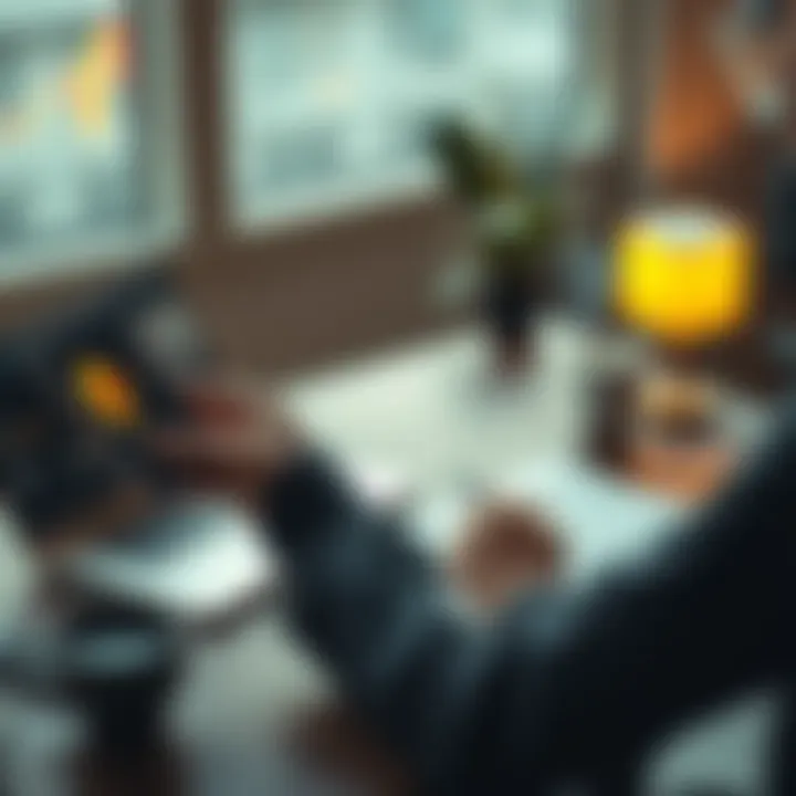 A person checking cryptocurrency prices on a smartphone while sitting at a desk with a laptop and coffee, representing the process of cashing out ETH.