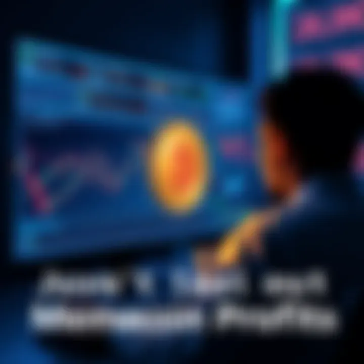 A person looking at a computer screen with financial graphs and memecoin symbols while calculating potential profits from delisted coins