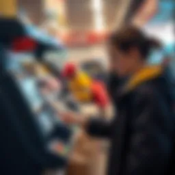 Person cashing out at a payment terminal A person using a mobile device to cash out before making a purchase at a store, with cash and cryptocurrency symbols nearby