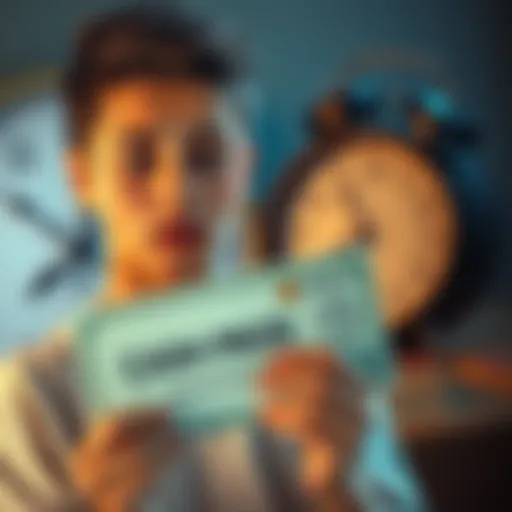A young person looking worried while holding a cash prize notification, with a background of a clock ticking representing time to activate the wallet.