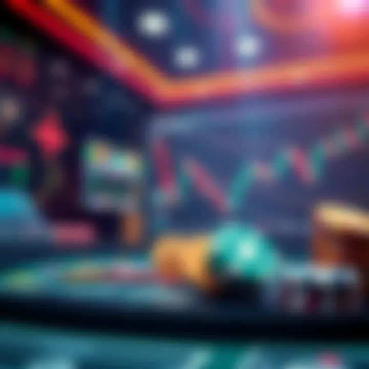 A digital casino scene featuring cryptocurrency symbols and trading graphs, showcasing the blend of gambling and finance.