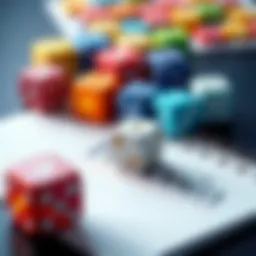 A close-up of colorful casino dice arranged next to a notepad with a Bitcoin symbol, illustrating the process of creating a Bitcoin seed phrase.