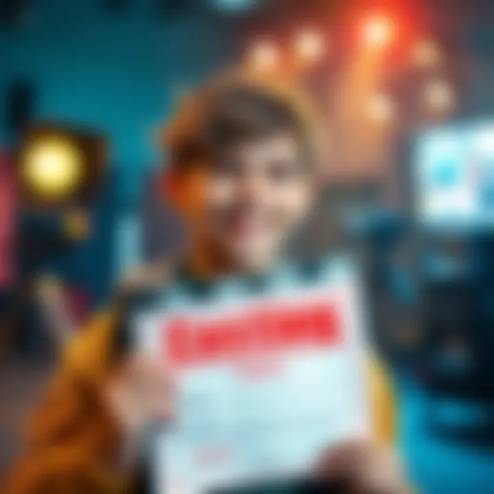 Casting Call Opportunity A young actor smiles as they hold a casting call notice with a backdrop of lights and a film set.