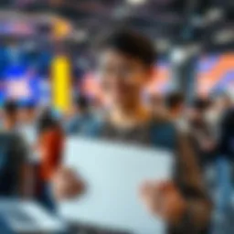 A student holding a laptop with a cheerful expression at a hackathon event, looking for a teammate to join them, with a vibrant atmosphere filled with tech gadgets and people collaborating.