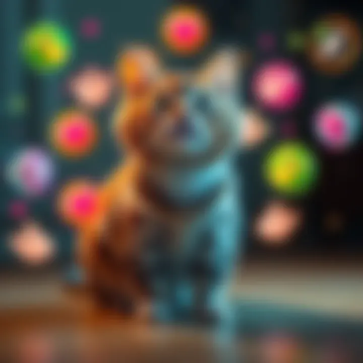 A playful cat surrounded by nine floating symbols representing lives