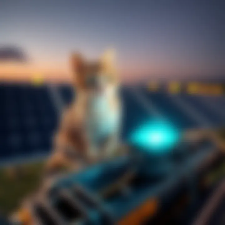A curious cat sitting on mining equipment at a solar farm, looking around playfully