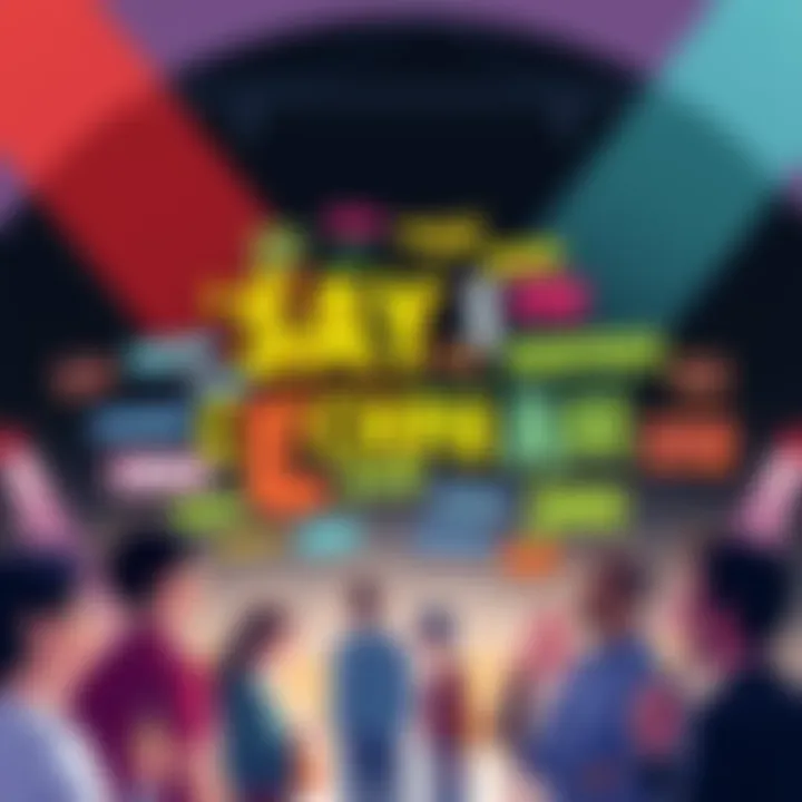 A colorful design displaying various catchphrases in bold text surrounded by people engaging in conversation.