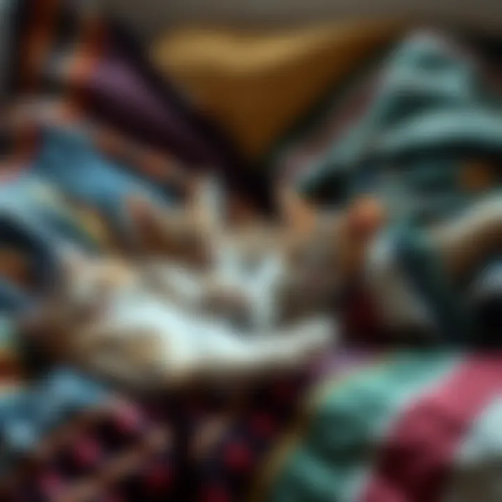 A cozy scene of cats lounging comfortably beside colorful quilts, showcasing their relaxed demeanor.