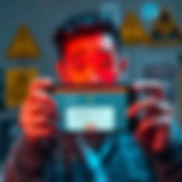 A person looking worried while holding a phone showing the Crypllet site, with warning signs in the background.