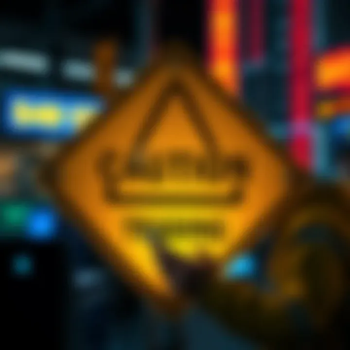 A warning sign symbolizing caution in cryptocurrency trading with visual elements representing digital coins and a person checking their smartphone.