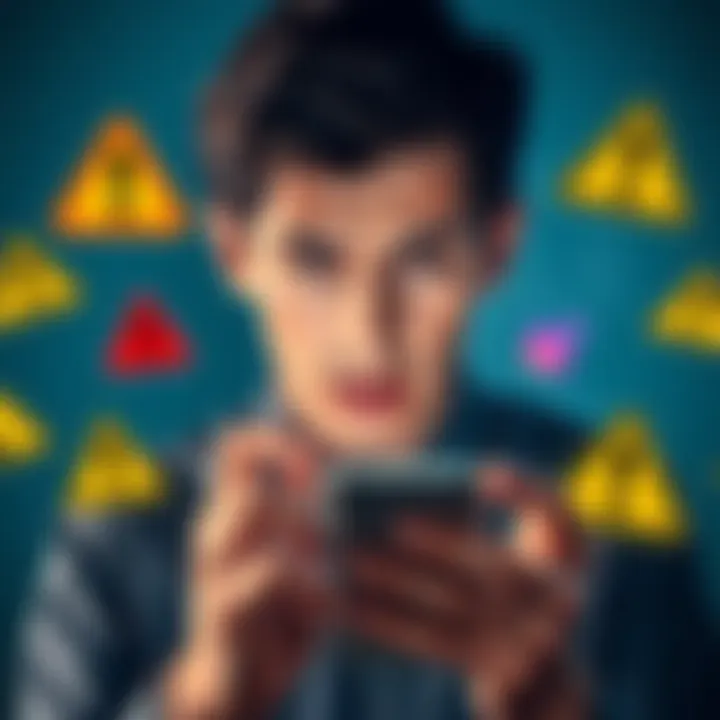 A person looking at a smartphone with a worried expression, surrounded by warning signs and suspicious links.