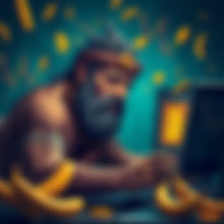 Caveman Trading Bitcoin A caveman looking stressed while trading Bitcoin on a computer, surrounded by falling price charts and bananas.