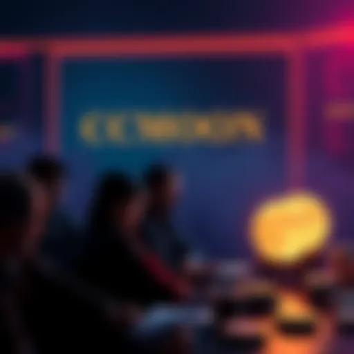 A graphic showing members of the CCMOON DAO engaged in a voting process, with applications being submitted and MOON tokens displayed.