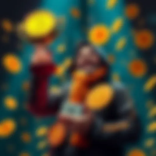 A crypto enthusiast holding a trophy surrounded by Bitcoin symbols, celebrating the milestone of 0.1 BTC.