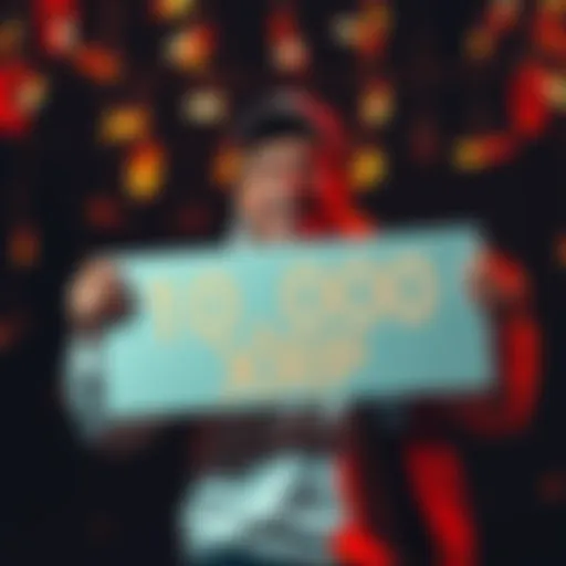 A person joyfully celebrating reaching a milestone of owning 10,000 XRP, holding a sign that reads '10,000 XRP' while thinking about future investments and managing debt.
