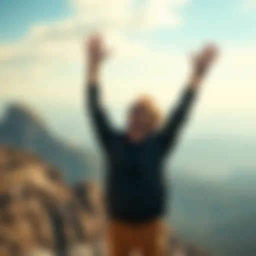 A person with arms raised in triumph at a mountain peak, smiling and enjoying the view after overcoming challenges.