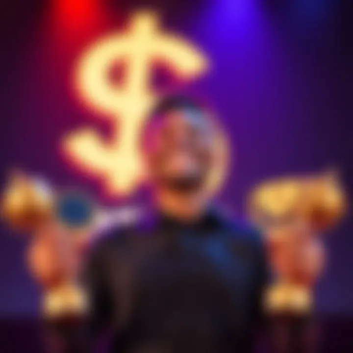 A person happily holding trophies symbolizing badges and ladders, with a dollar sign representing rent in the background.