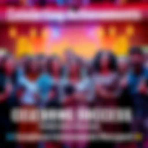 A diverse group of people smiling and holding awards at a celebration event, showcasing their achievements and success.