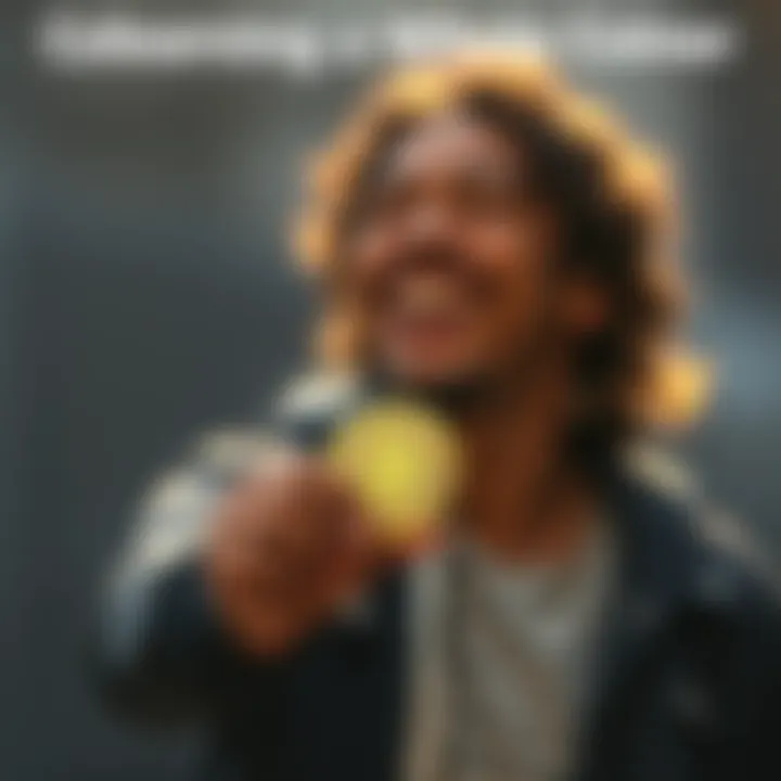 A person joyfully holding a cryptocurrency coin, symbolizing their achievement as a whole coiner with a bright future ahead.