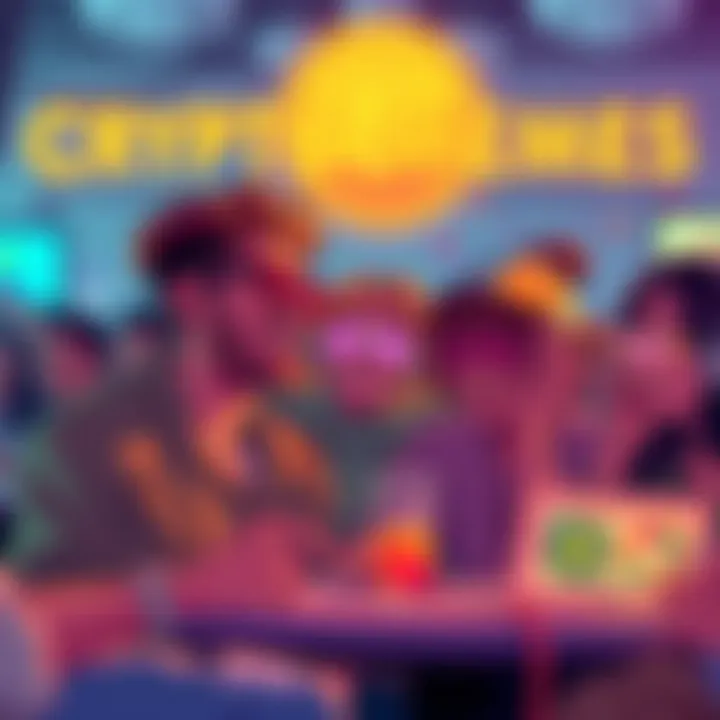 A vibrant illustration of people enjoying and sharing crypto memes at a digital gathering, showcasing laughter and a sense of community around Bitcoin culture