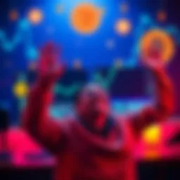 Person joyfully celebrating their achievement of accumulating 1.3 BTC with a computer and bitcoin graphics in the background.