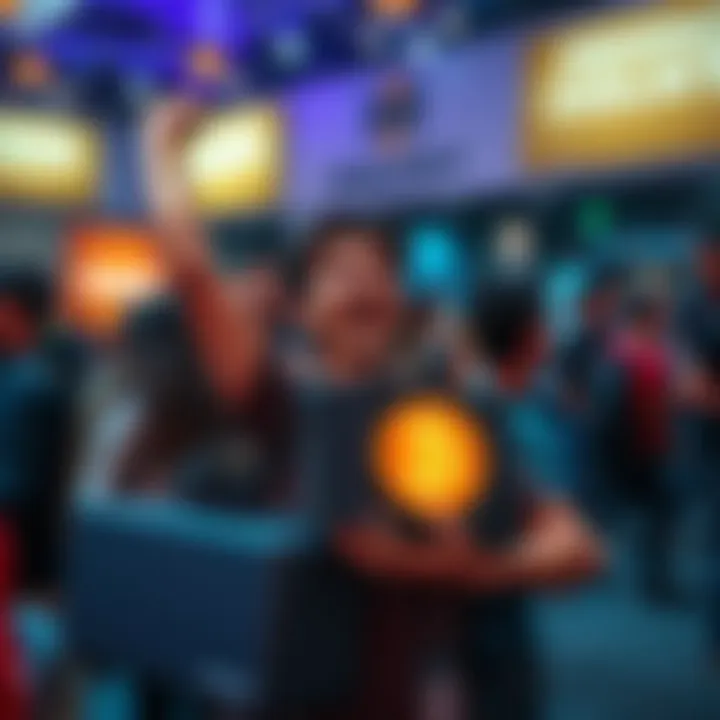 An ecstatic attendee at Mining Disrupt holds their free Bitcoin miner, surrounded by other participants and event banners, capturing the essence of excitement in crypto mining.