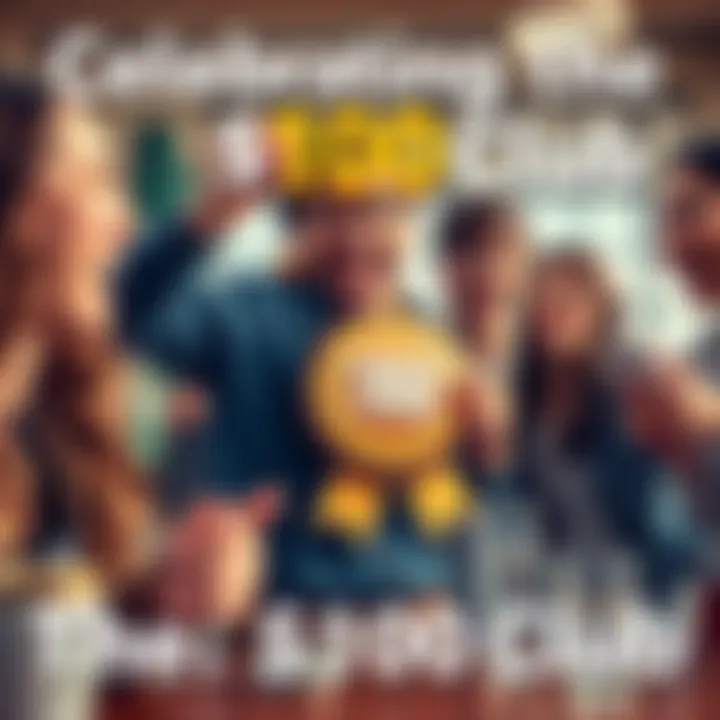 A happy player showing off their $100 milestone badge with a group of friends in a cheerful setting, all sharing tips on budget spending and badge hunting.