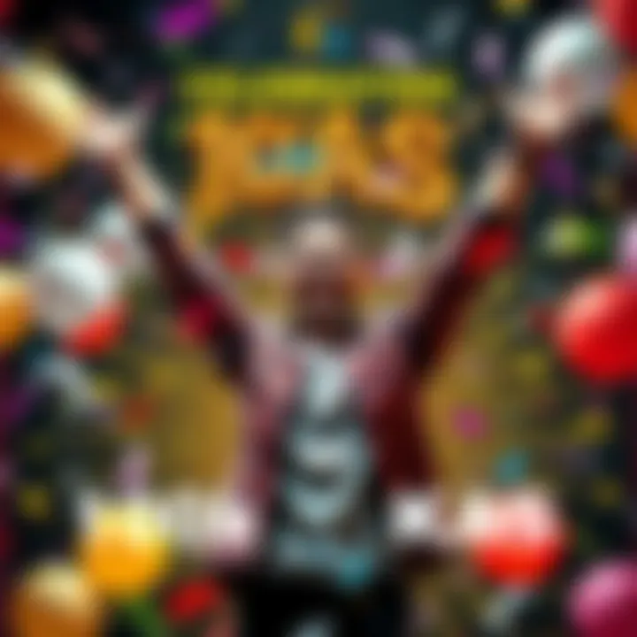 A person joyfully celebrating the achievement of reaching 100,000 KAS with a big smile and raised arms, surrounded by confetti and balloons.